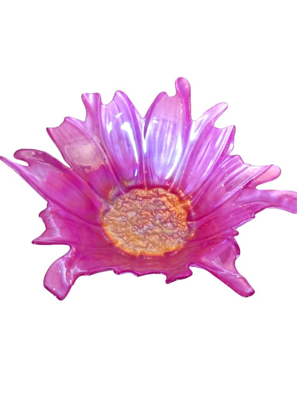 VTG Pink Art Glass Flower Bowl Murano Style Centerpiece Large Irridescent